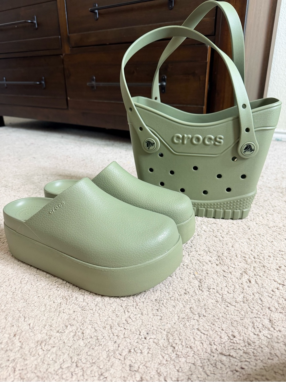 CROCS Sage Green Platform Clogs with Matching Tote